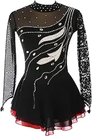 [Zagitova] Ice Figure Skating Dress for Girls Patchwork Mesh Back Womens Long Sleeve Competition Outfits with Rhinestone