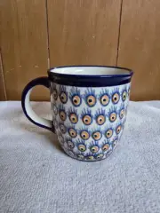 Polish Pottery Handmade Ceramic Multi-Colored Blue Orange Circles Coffee Cup