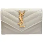 【YSL】MONOGRAM系列V字縫線牛皮金屬LOGO暗釦零錢包(白色414404-BOW01-9207)