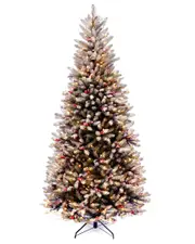 National Tree Company 7.5ft Dunhill Fir Slim Tree with Snow, Red Berries, Cones and Clear Lights