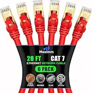 Cat 7 Ethernet Cable 20 ft - (6 Pack) High-Speed Cat7 Internet & Network LAN Patch Cables, RJ45 Connectors - Perfect for Gaming, Streaming, and More (Red)