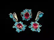 Ruby 9x7 decorate Neon Blue apatite 3 size Ring Earring sets Sterling Silver