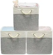SimpleHouseware 3 Pack Cube Storage Basket Bins, 33 x 33 cm with Cotton Handle, Grey