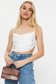 White Designer Linen Look Cowl Neck Drawstring Top - Size 14, Women's Designer Woven Top