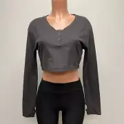 Gymshark Womens Washed Black Long Sleeve Henley Legacy Fitness Cropped Top M New