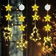 4 Pack Christmas Window Lights Decorations, Battery Powered Christmas Window Hanging Moose Snowflake Christmas Tree Bells Shaped LED Sucker for Xmas Tree New Year Window Indoor Decor