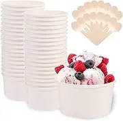 50Pcs Ice Cream Cups, FHDUSRYO 8 oz Paper Ice Cream Bowls, White Dessert Bowls with 50 Wooden Spoons, Snack Bowls Soups Cups, Party Supplies Treat Cups for Hot and Cold Food, Frozen, Yogurt