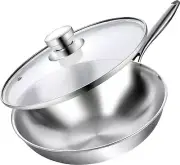 Tri-Ply 13 Inch Stainless Steel Wok Pan with Lid, Stir-Frying Pan,Induction Wok,