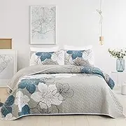 DJY 3 Pieces Quilt Set Full Size Blue Floral Pattern Quilt Coverlet Set Elegant Boho Bedspread with 2 Pillow Shams Lightweight Flower Bedding Quilt Set for Adults Teens (Blue, 80"x90")