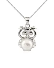 Splendid Pearls Rhodium Plated 8-8.5mm Freshwater Pearl Owl Pendant