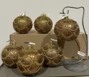 *Set Of 6* Neiman Marcus Gold Red Beaded Glitter Sequin Christmas Ornaments 4”