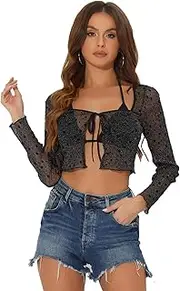 [Allegra K] Sheer Shrugs for Women's Shiny Star Print Tie Front Mesh Crop Shrug Top