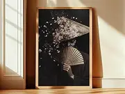 Conical Hat Art Print Japanese Fan Wall Art Dark Moody Floral Bedroom Decor Japandi Style Painting Pastel Pink Petal Artwork 225