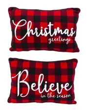 Gerson International Set of 2 20-In L Fabric Embroidered Holiday Design Buffalo Plaid Fabric Pillows