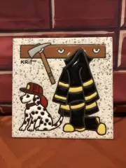 Ceramic Art Tile 6"x6" Fireman with Axe Dalmatian Firefighters Hand Glazed New