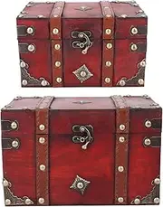 Yomiyuyr Vintage Wooden Storage Box Set, Decorative Keepsake Trunk with Hinged Lid, Antique Bronze Lock and Corners, Small and Large Footlocker Trunks for Display and Storage