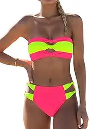 [WODECASA] Women's Colorblock Bikini Set Bandeau High Cut Cheeky Sexy Two Piece Swimsuit Bathing Suit