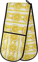 Quteprint Lemon Slices Stripe Washable Double Oven Mitts, Heat Resistant Quilted Kitchen Oven Gloves Extra Long Potholder 7" x 35" for Cooking Baking Microwave Grilling Barbecue