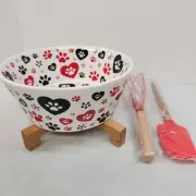Temp-tations Pawfetti 3 Quart Bowl W Trivet Wisk Spatula Dog Cat Paw Print Set