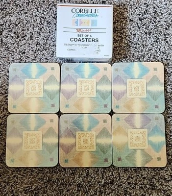 Vintage Corelle Coordinates "Mirage" Coasters Cork Backed Set of 6 New