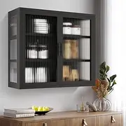 Luxsuite Wall Mounted Cabinet with Clear Door Dispaly Cabinet Shower Hanging Storage 3 Tier Adjustable Shelf & Tempered Glass Doors for Kitchen Dining Room Living Room Bathroom Laundry Room Black