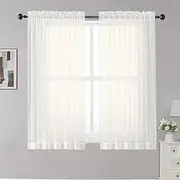 OWENIE Sheer Curtains Ivory 45 Inch Long Light Filter Tiers Kitchen Bedroom Short Panels Rod Pocket 2 Panels Cafe Curtains Small Window 42 Inch