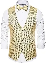 [HEYDHSDC] Men'S Gold Sequin Vest Single-Breasted V-Neck Sleeveless Vests Coat,Wedding Party Waistcoat Gold Xxl