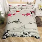 Blossoms Decor Bedding Set for Kids Boys Twin Size, Girl Japanese Ukiyoe Cranes
