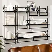 Floating Shelves Wall Mounted Hanging Elm Ledge Wood Shelf with Frame and Black Bars Engineered Piece Wall Shelf Set