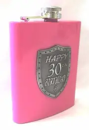 20120 30th PINK 150ml HIP FLASK WITH SHIELD BADGE GIFT BOX THIRTIETH