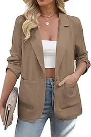 [ELLEVEN] Womens Linen Blazer Casual Long Sleeve Lightweight One Button Jackets Spring Summer Suit