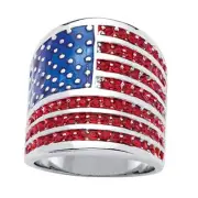 PalmBeach Silvertone Round Simulated Red Ruby and Enamel American Flag Ring 9