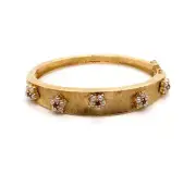 Vintage 14k Yellow Gold Bangle Bracelet with Ruby and Pearl Flowers