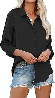 [siliteelon] Womens Button Down Shirts Solid Dress Shirts Long Sleeve Flowy Collared Work Office Business Blouses Chiffon Tops
