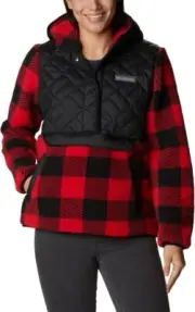 Columbia Women Street Sweet View Fleece Hooded Pullover SZ S RED BLACK CHECK