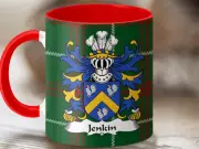 Jenkin Welsh Surname Coat of Arms on Tartan Background Mug