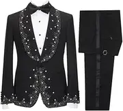 [keusyoi] Luxury Men's Suits Rhinestones Decoration Tuxedo Jacket Pants 2 Piece Set for Wedding Dress Groom Party