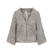 [Brunello Cucinelli] Brunello Cucinelli-Grey Mother Of Pearl Lamb Wool Braid Cardigan-Donna M STAND