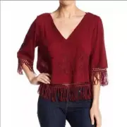 Melrose & Market Red Embroidered Tasseled Pull Over Tunic Blouse Women's Size SM