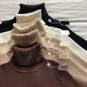 Long-Sleeve Turtleneck Ribbed Knit Top Almond - One Size