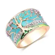 Women Tree of Life Lucky Flower Wide Band Ring Gold Pink Opal Green Enamel Resin