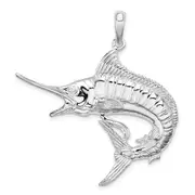 Sterling Silver De-Ani Rhodium-Plated Polished And Textured Marlin Fish Pendant