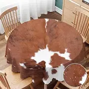 Yibeas Tablecloth Round Cowhide Table Cloth Print Cow Farm Animal Brown Cowhide Table Cover for Dining Room Kitchen Decoration Round Tablecloths 60 inch