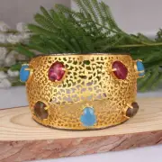 Gold Plated Wide Filigree Open Cuff Bracelet Chalcedony Smoky Wedding Jewelry