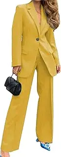 [HanZhuoAu] Women's Street Hipster Two Piece Set Solid Color One Button Long Sleeve Blazer Coat & Pants 2 Pcs Set