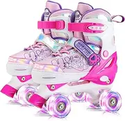 Kids' Adjustable Roller Skates with Luminous Light Up Wheels, Indoor Outdoor Skating Shoes for Girls Boys Toddler, Trimmable Insole Included