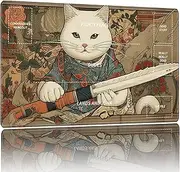 WZCJDHMJ Playmat for MTG,Card Playmat Stitched with Magic Zones for MTG Card Game Playing, TCG and Board Game Mat for Cards,Mousepad Desk Mats,Game Mat 24 x 14 inches-Cat with Sword