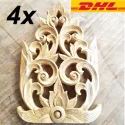 4x Teak Wood Carved Flower Wall Art Home Decor Thai Vintage Collectible Gifts