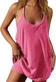[Generic] Visulong Romper Dress, Visulong Mini Dress with Shorts Underneath, Womens Summer Sleeveless Sports Skirt Built with Pockets