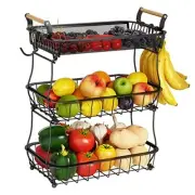 3 Tier Fruit Basket with 2 Black (3 Tier with Banana Hangers & Mesh Top)